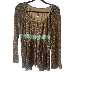 ivu jane Y2k Women's SIze Large Brown Babydoll Lace Floral Hippie‎ Retro Blouse